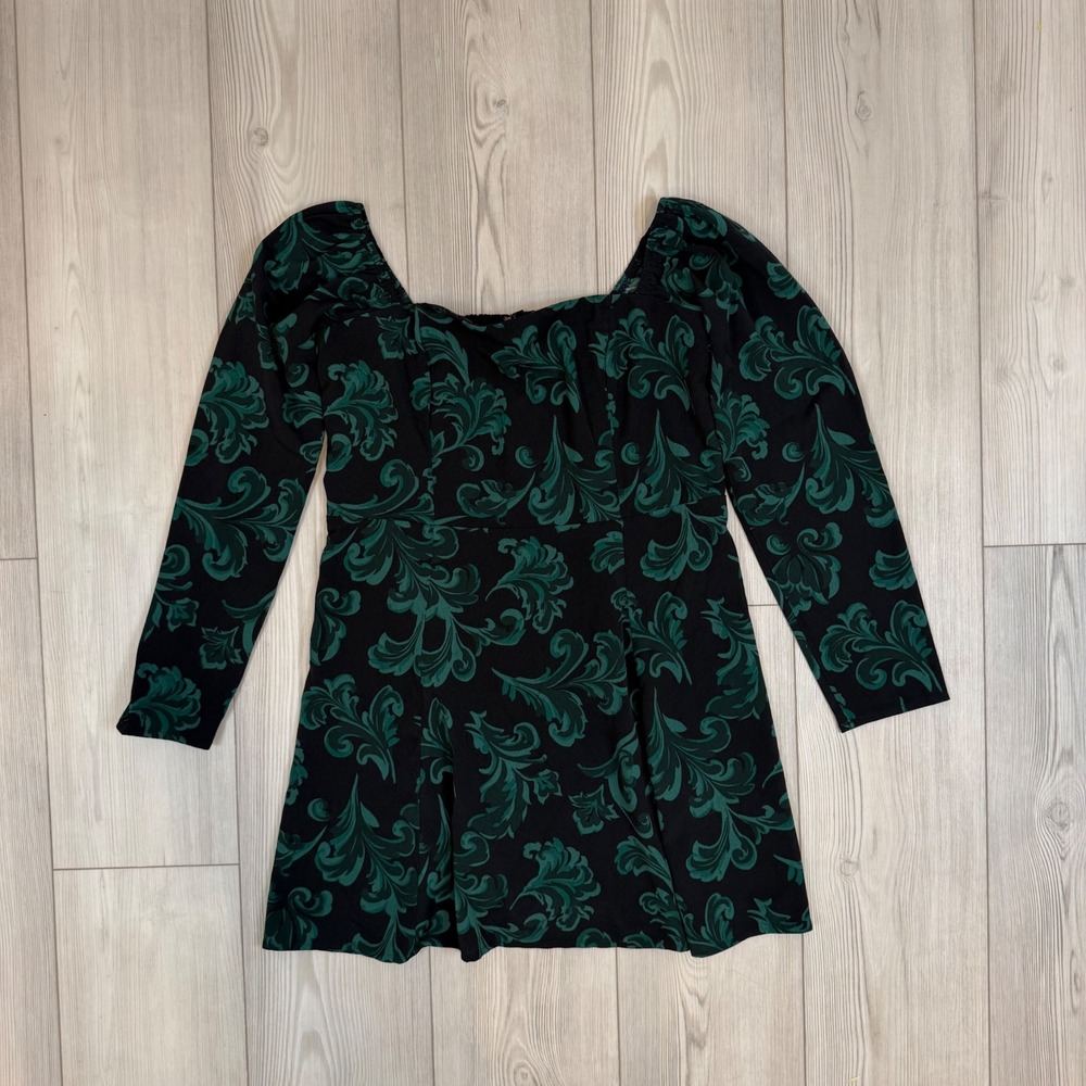 Abercrombie & Fitch Green Black Damask Square Neck Mini Dress LP Long Sleeve